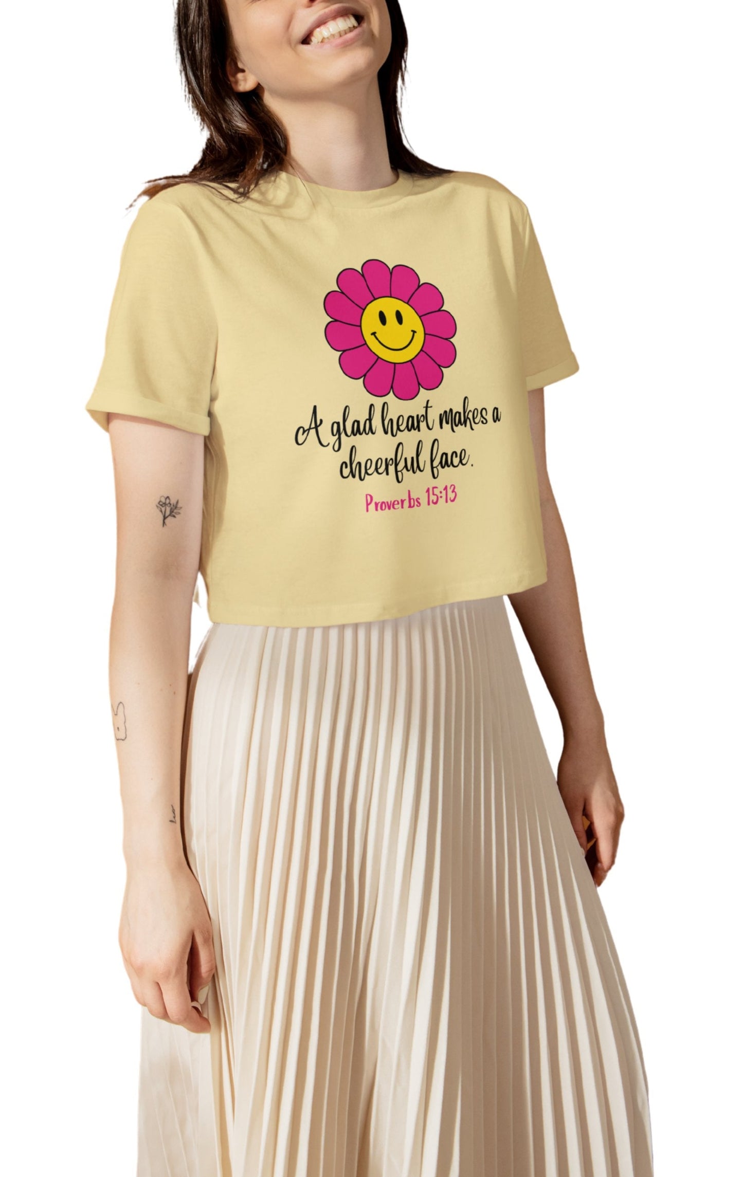 "A glad heart makes the face cheerful–Proverbs 15:13" Boxy Christian Tee