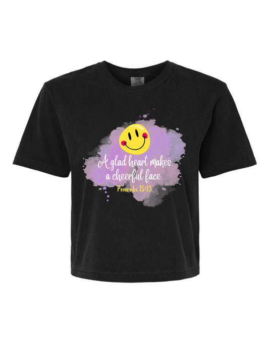 "A glad heart makes the face cheerful–Proverbs 15:13" Boxy Christian Tee
